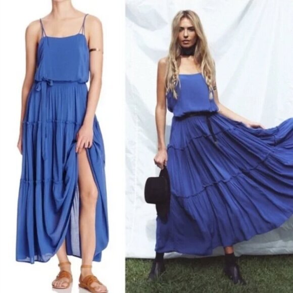 FREE PEOPLE Valerie Tiered Ruffle Maxi Dress Boho Tie Waist Flowy Marine Blue S - Picture 1 of 15